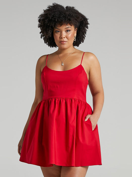Red A-line mini dress with spaghetti straps, scoop neck, gathered waist, swing skirt