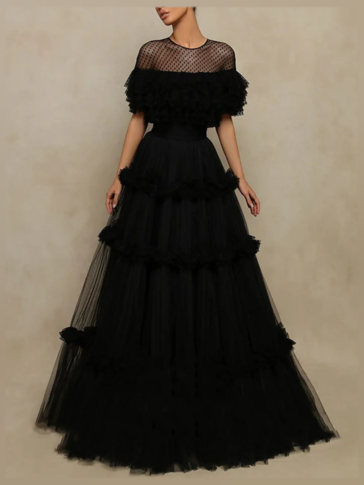Black tulle A-line prom dress with short off-shoulder ruffles and layered skirt