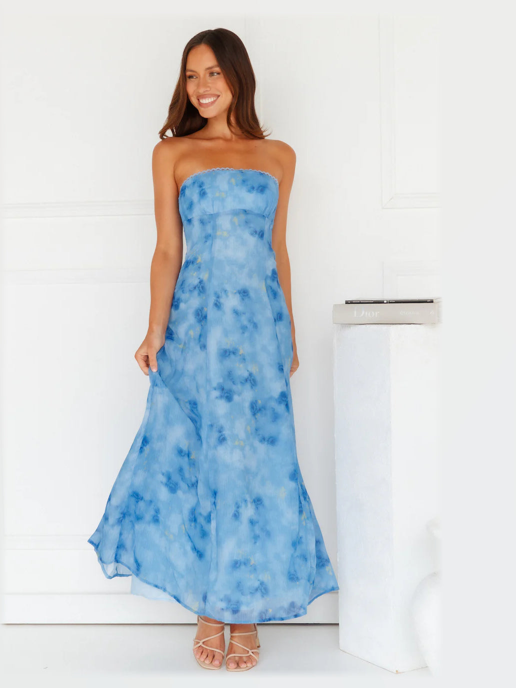 Blue formal dress with strapless neckline
