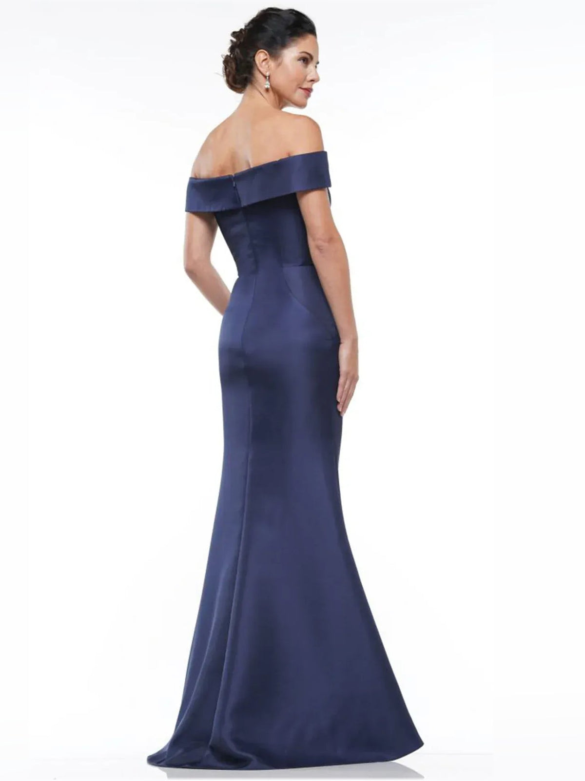 Dark navy off-shoulder mermaid gown with subtle back slit and beaded bodice, floor length.