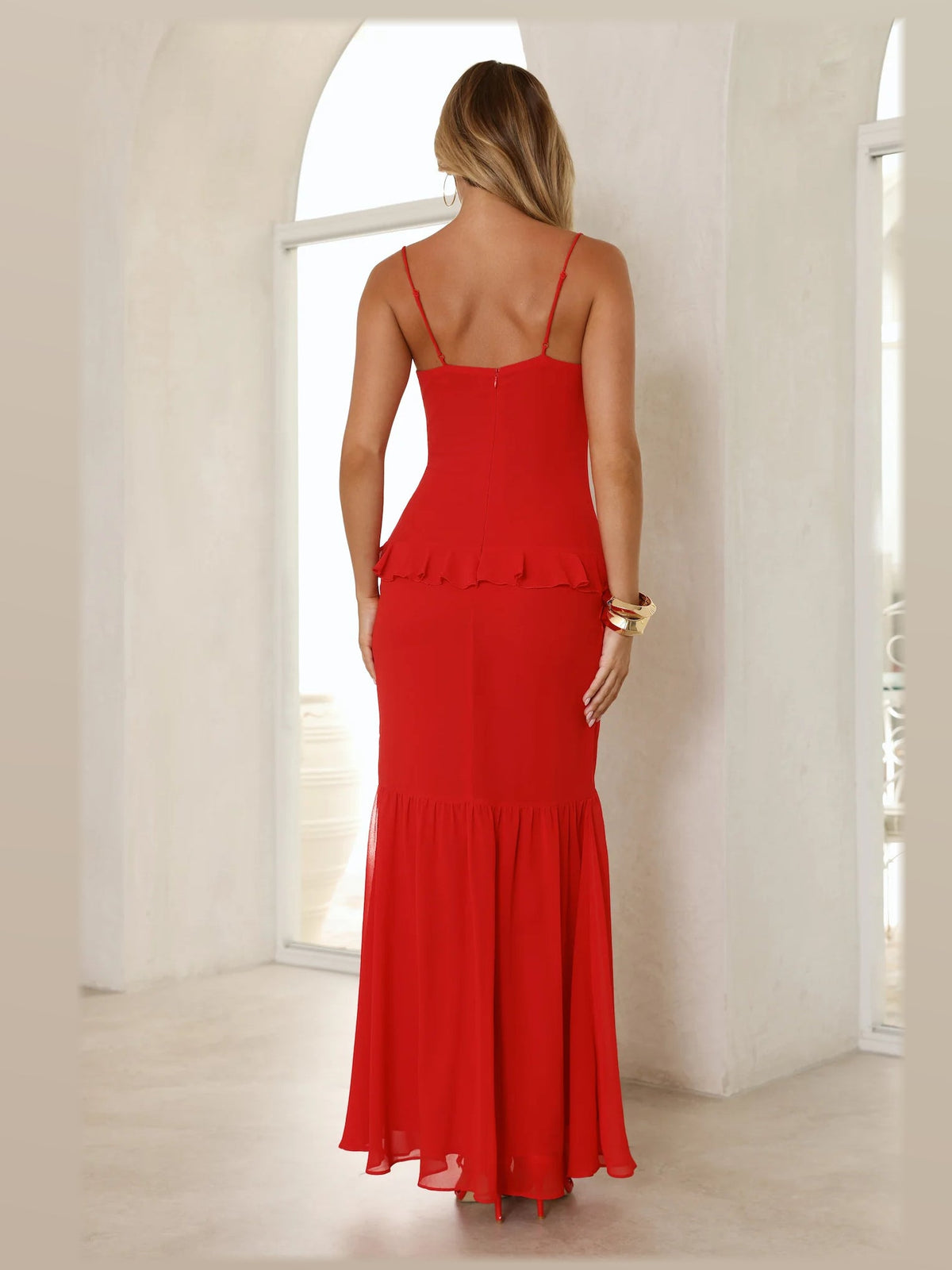 Red maxi formal dress, back full-length view showing the bodice