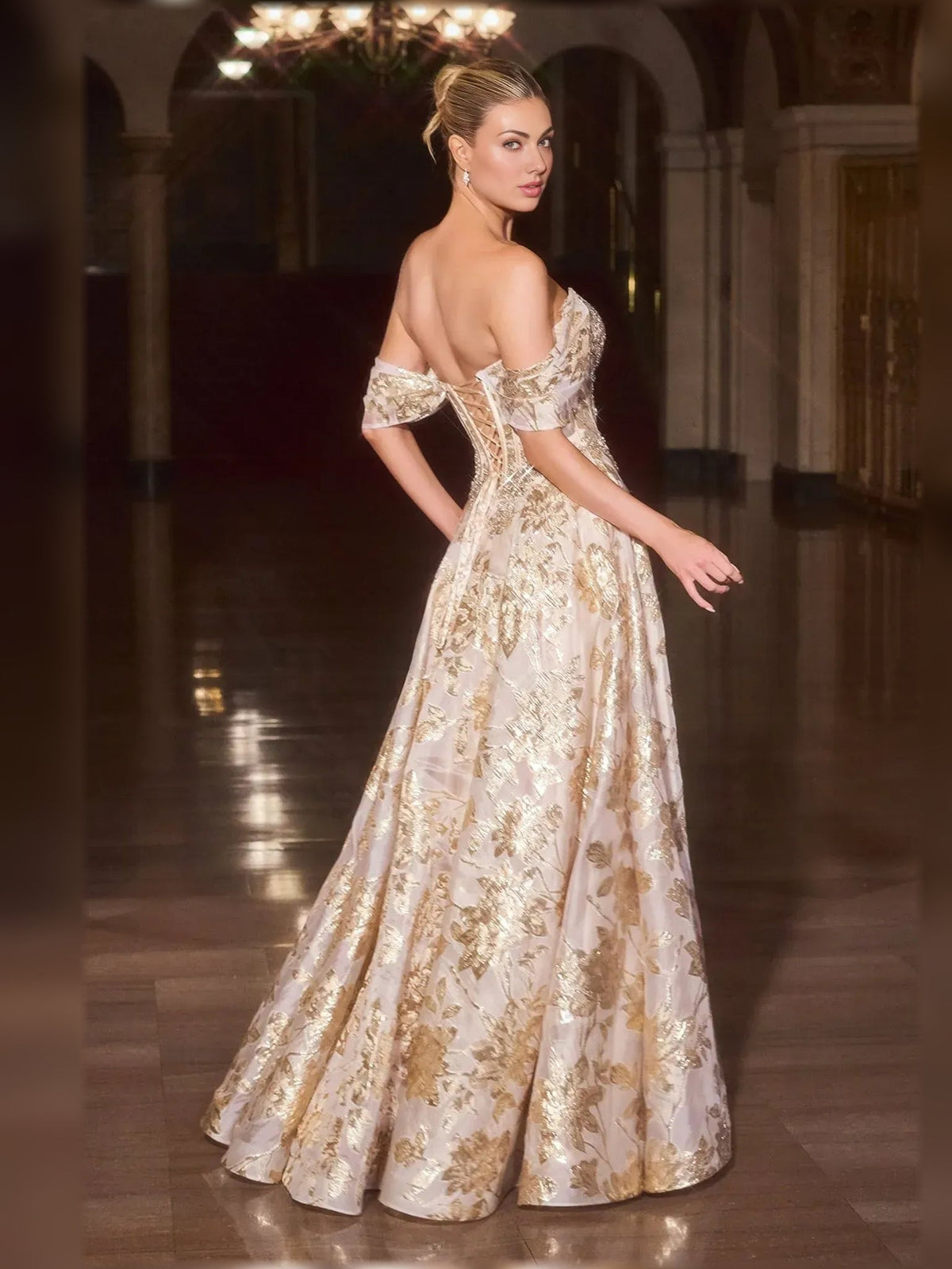 Gold off-shoulder sweetheart ball gown with beaded corset bodice and A-line skirt
