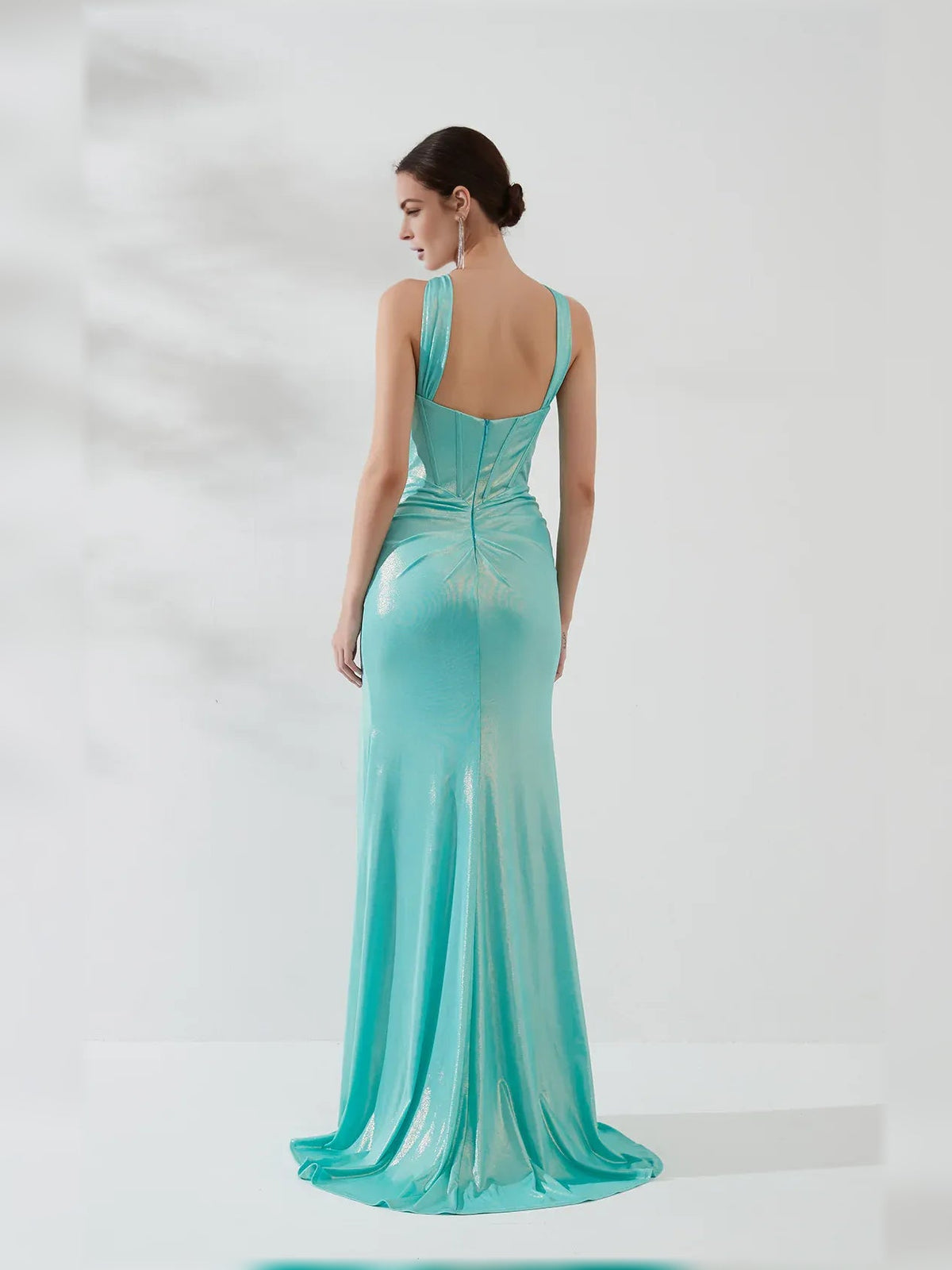 Ice blue halter-neck corset formal dress with low back, thigh slit, floor-length