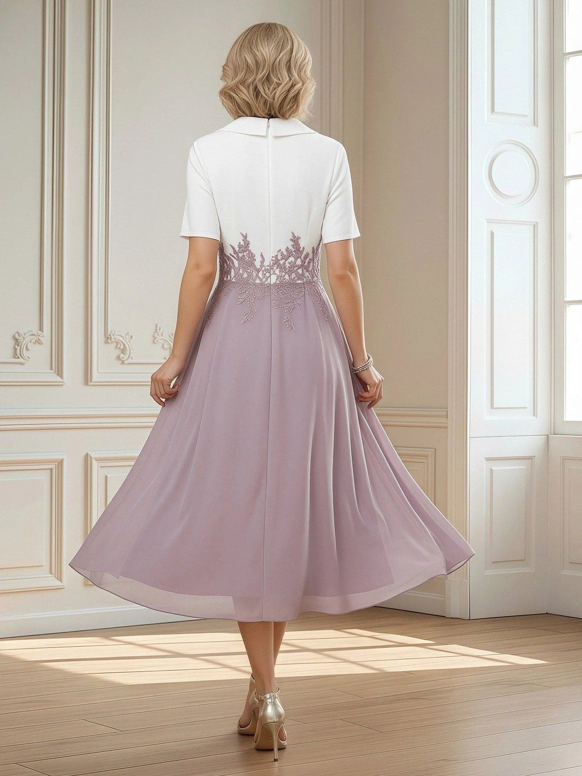 Back view of V-neck A-line chiffon dress with lilac skirt and short sleeves