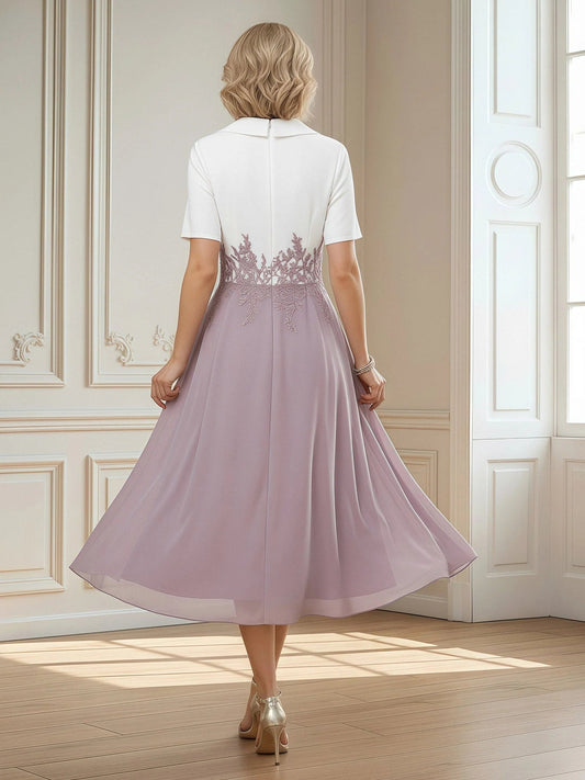 Back view of V-neck A-line chiffon dress with lilac skirt and short sleeves