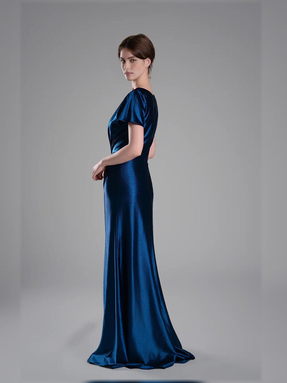 Navy blue V-neck maxi dress with short sleeves, draped waist and A-line skirt