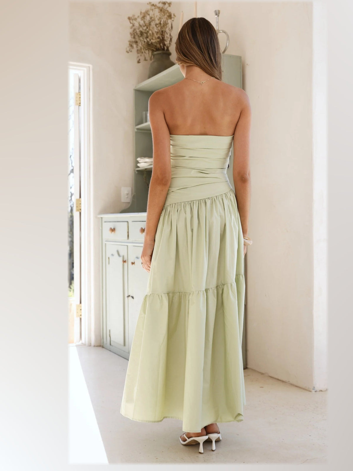 Sage midi formal dress, back full-length view showing the bodice