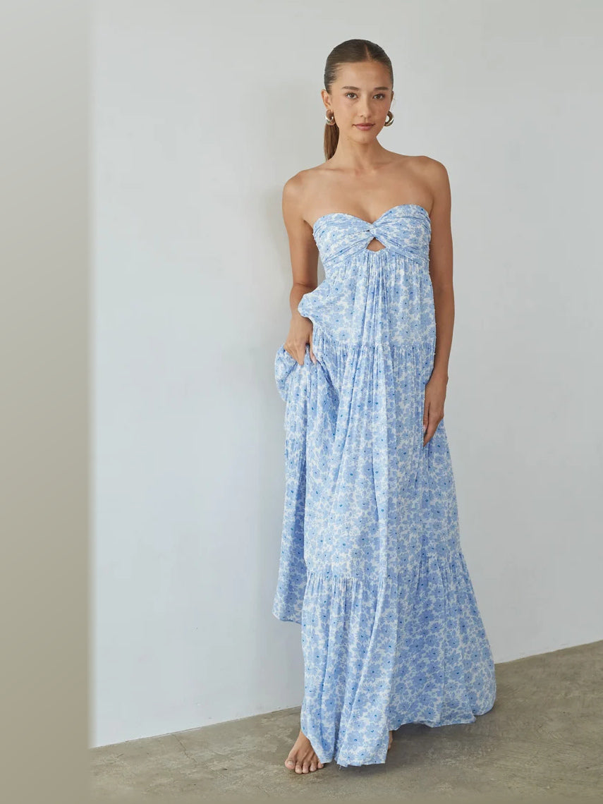 Blue Floral formal dress with strapless neckline