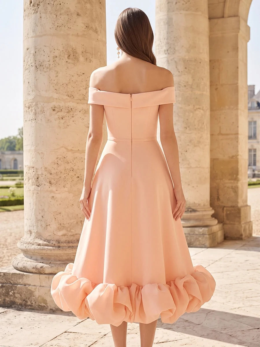 Pearl pink off-shoulder satin A-line midi dress with open back and ruffled hem