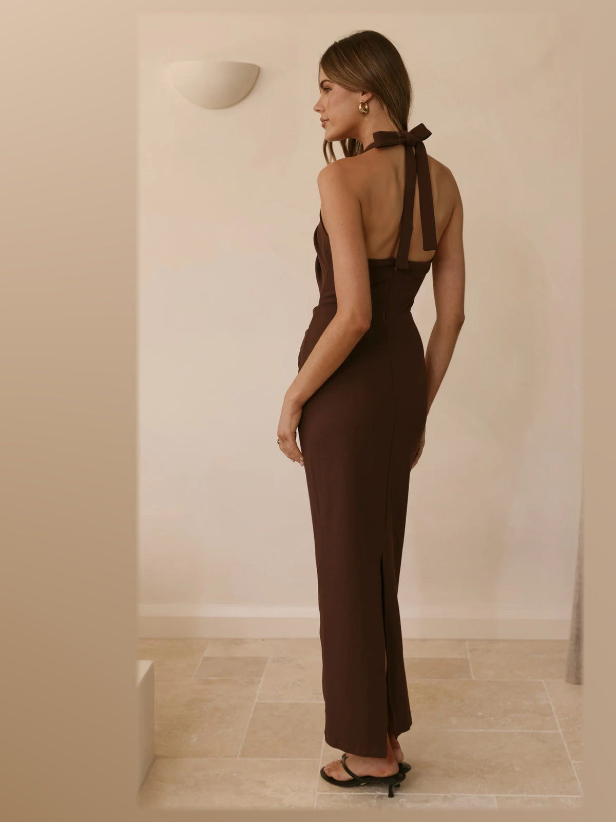 Chocolate maxi formal dress, back full-length view showing the bodice