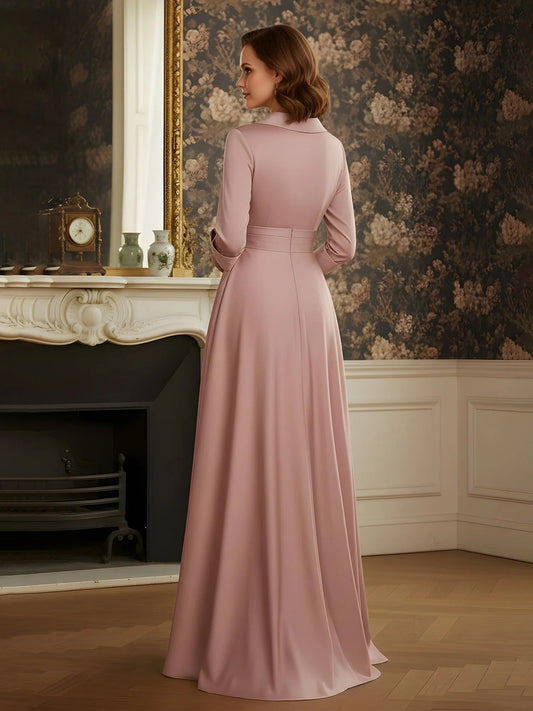 Dusty rose satin A-line floor-length gown with long sleeves, back view