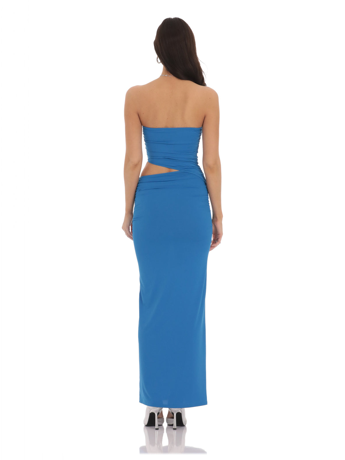 Blue bridesmaid dress with strapless neckline