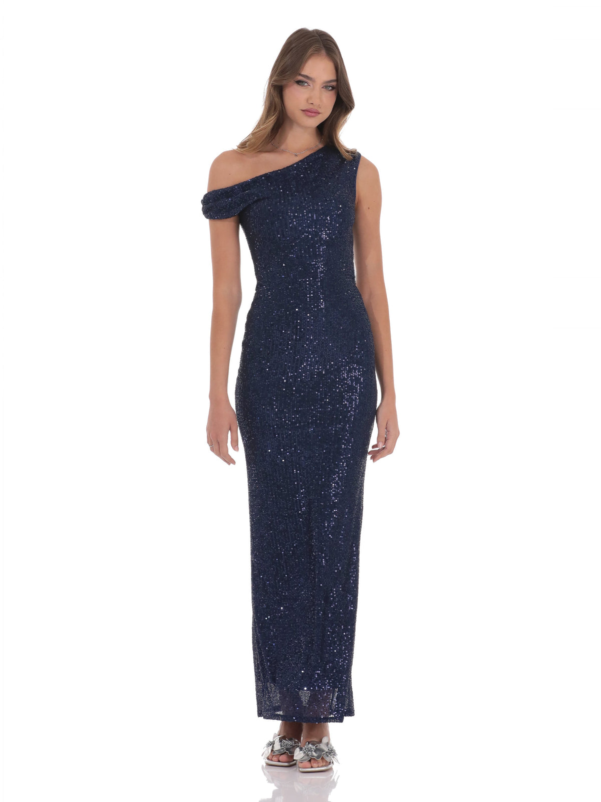 Navy bridesmaid dress with off shoulder neckline