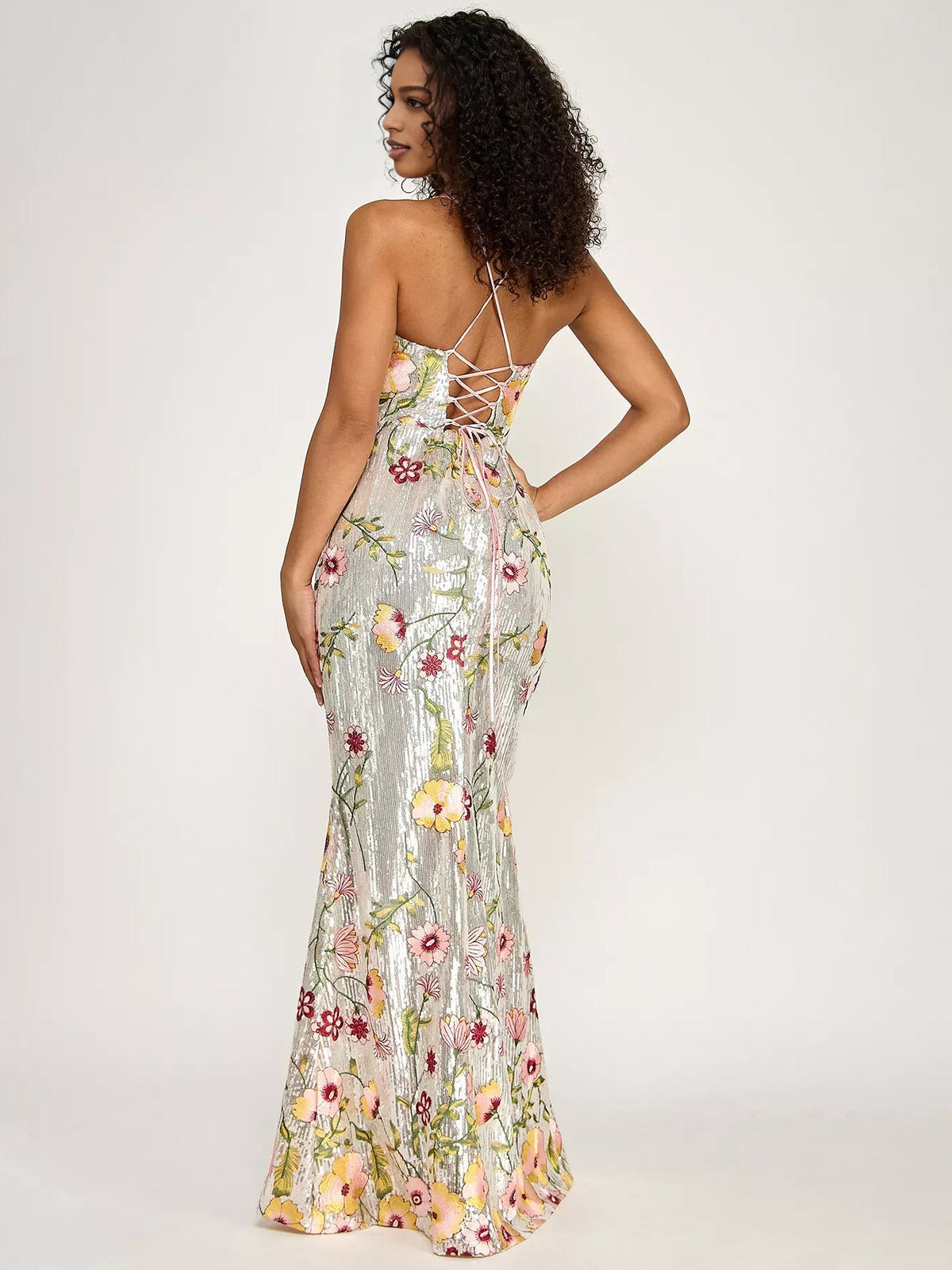 Floral embroidered formal dress with spaghetti straps and back crisscross, light gray base