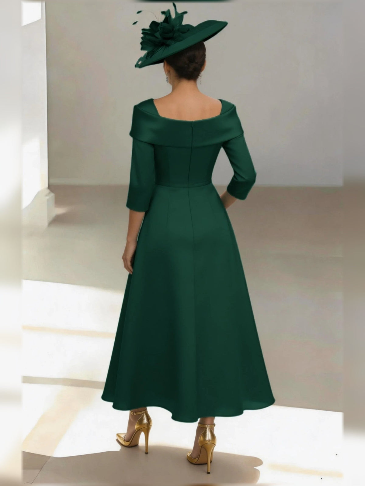 Emerald green off-shoulder A-line midi satin dress with three-quarter sleeves, back view
