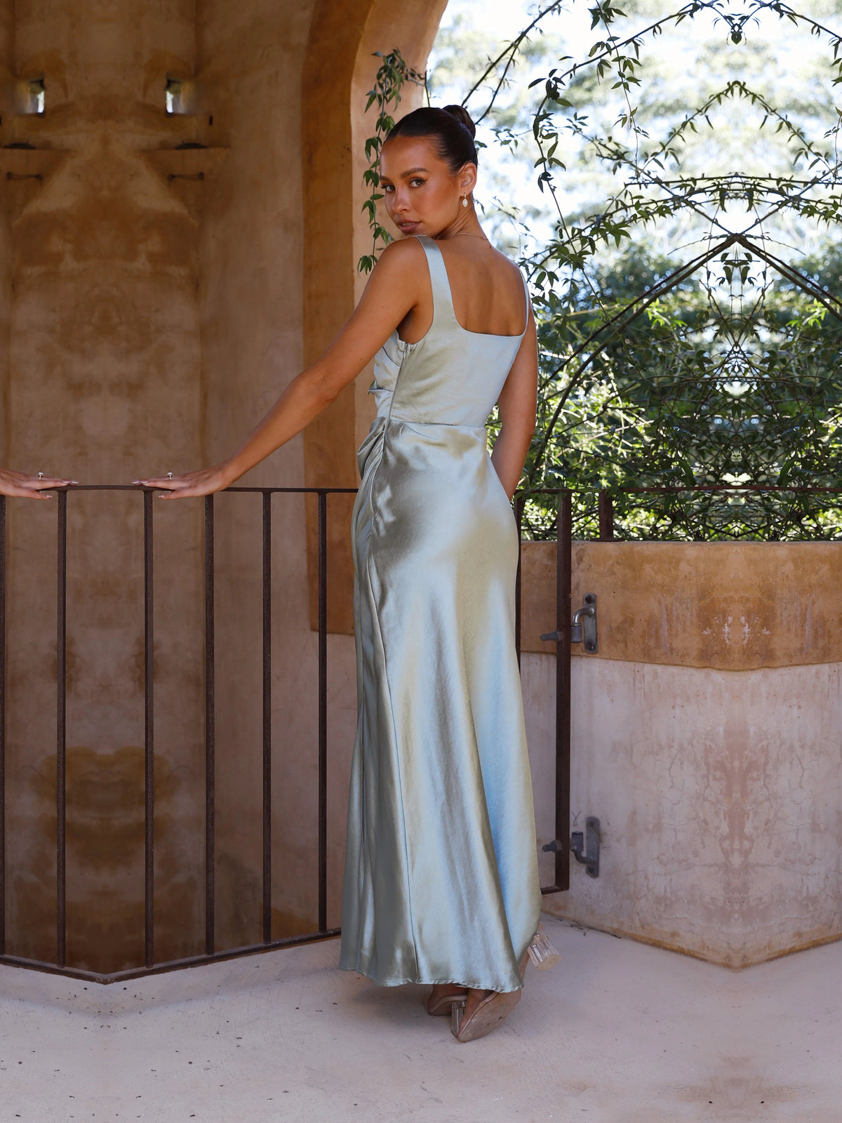 Sage sheath maxi formal dress with sheath, full-length back view