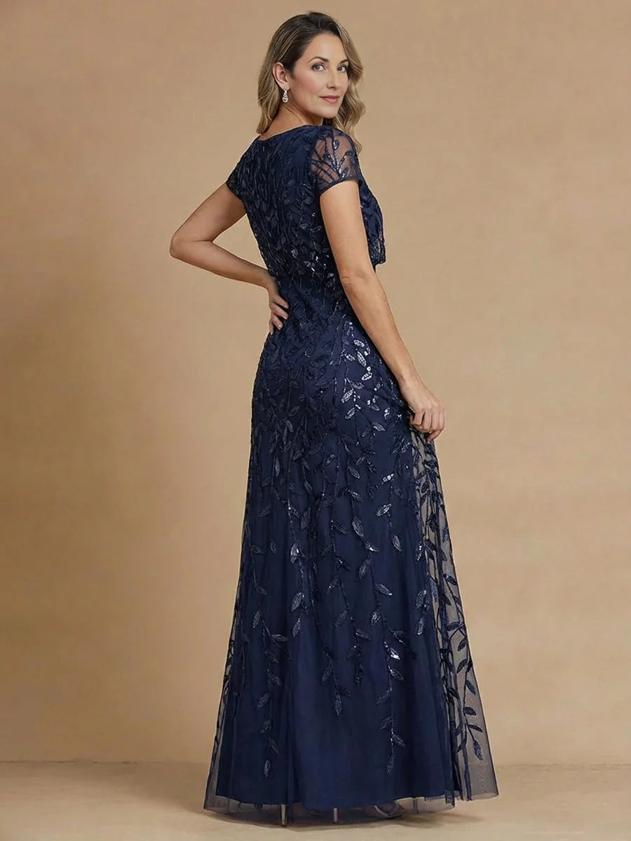 Dark blue embroidered mermaid mother-of-the-bride dress, short sleeves, back view