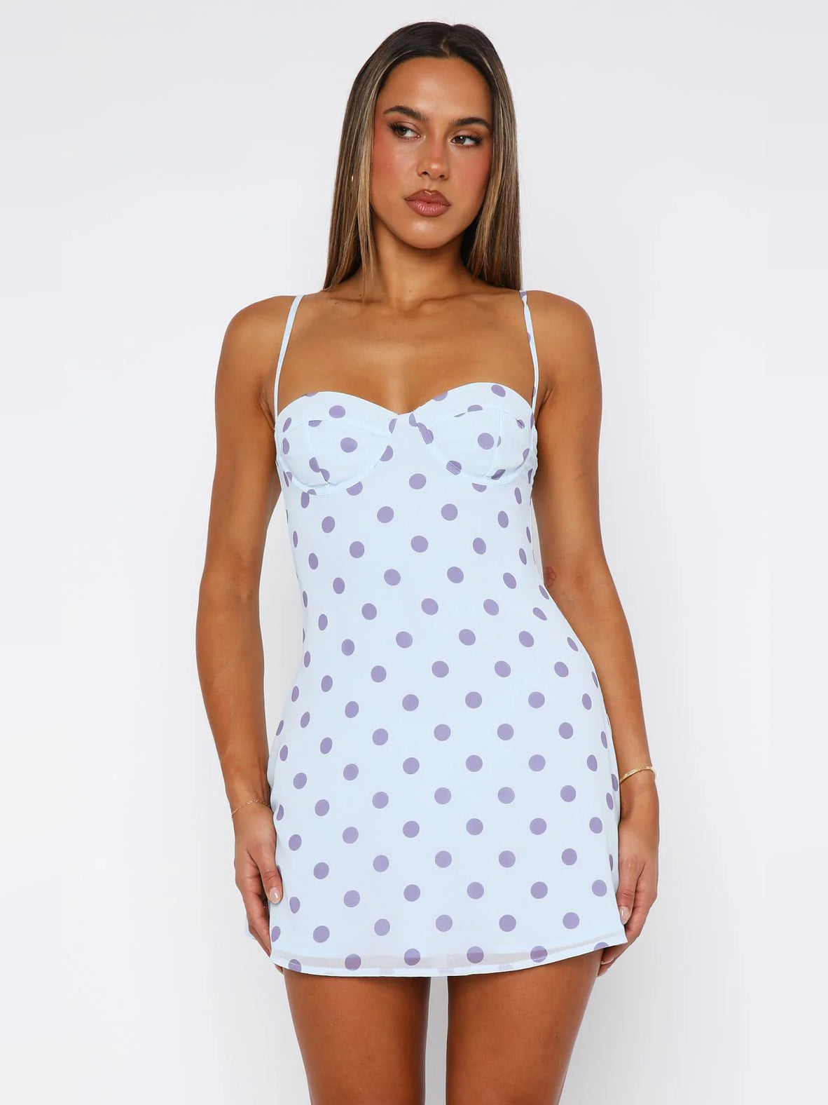 Polka-dot sweetheart mini homecoming dress, spaghetti straps, fitted bodice