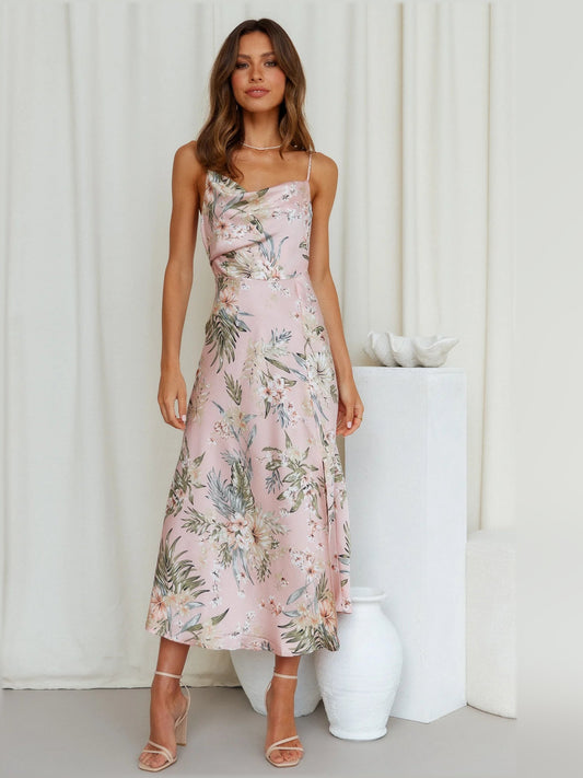 Pink floral midi formal slip dress with thin straps and flowing skirt