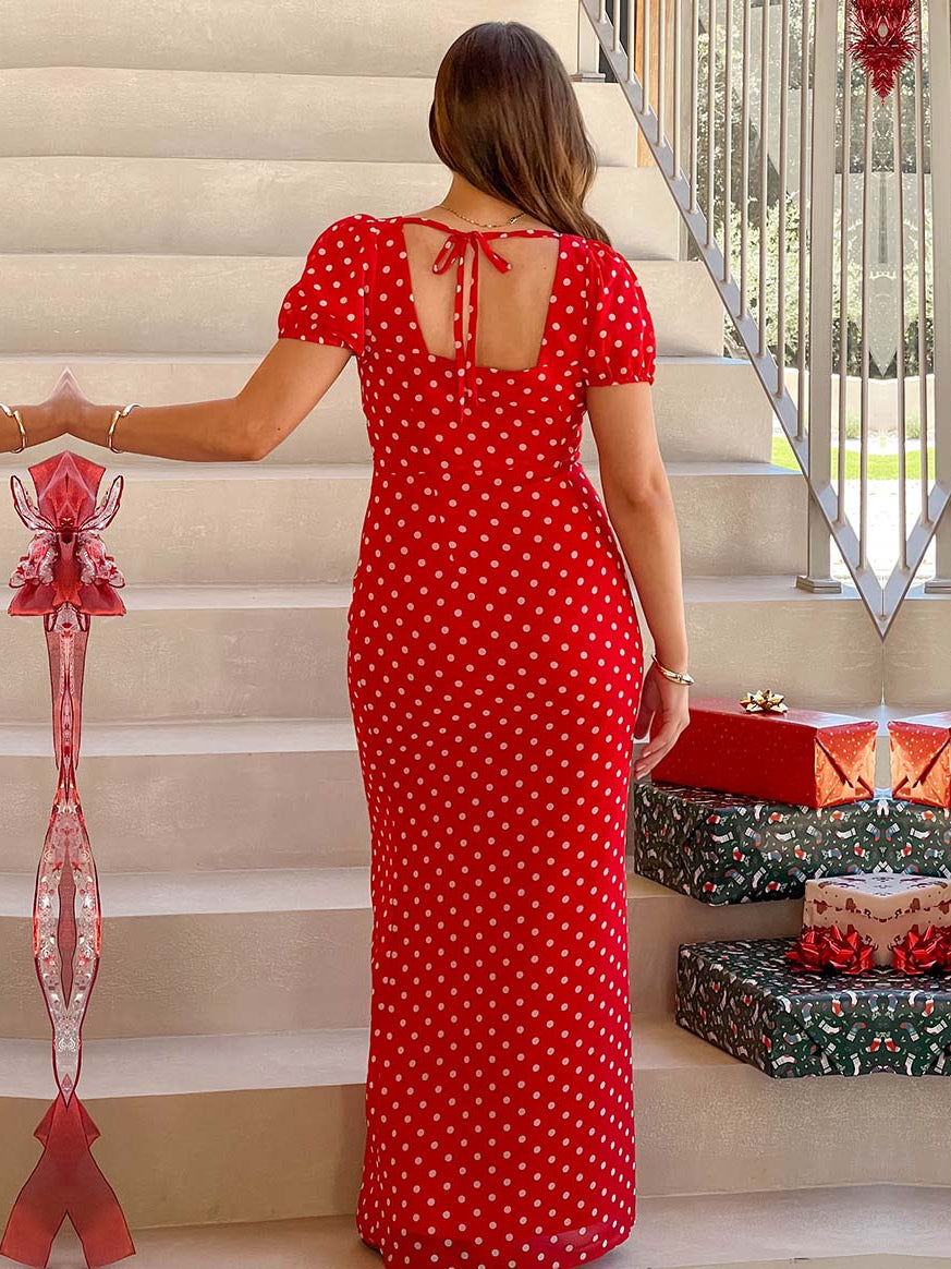 Red Polka Dot sheath maxi formal dress with printed pattern, full-length back view