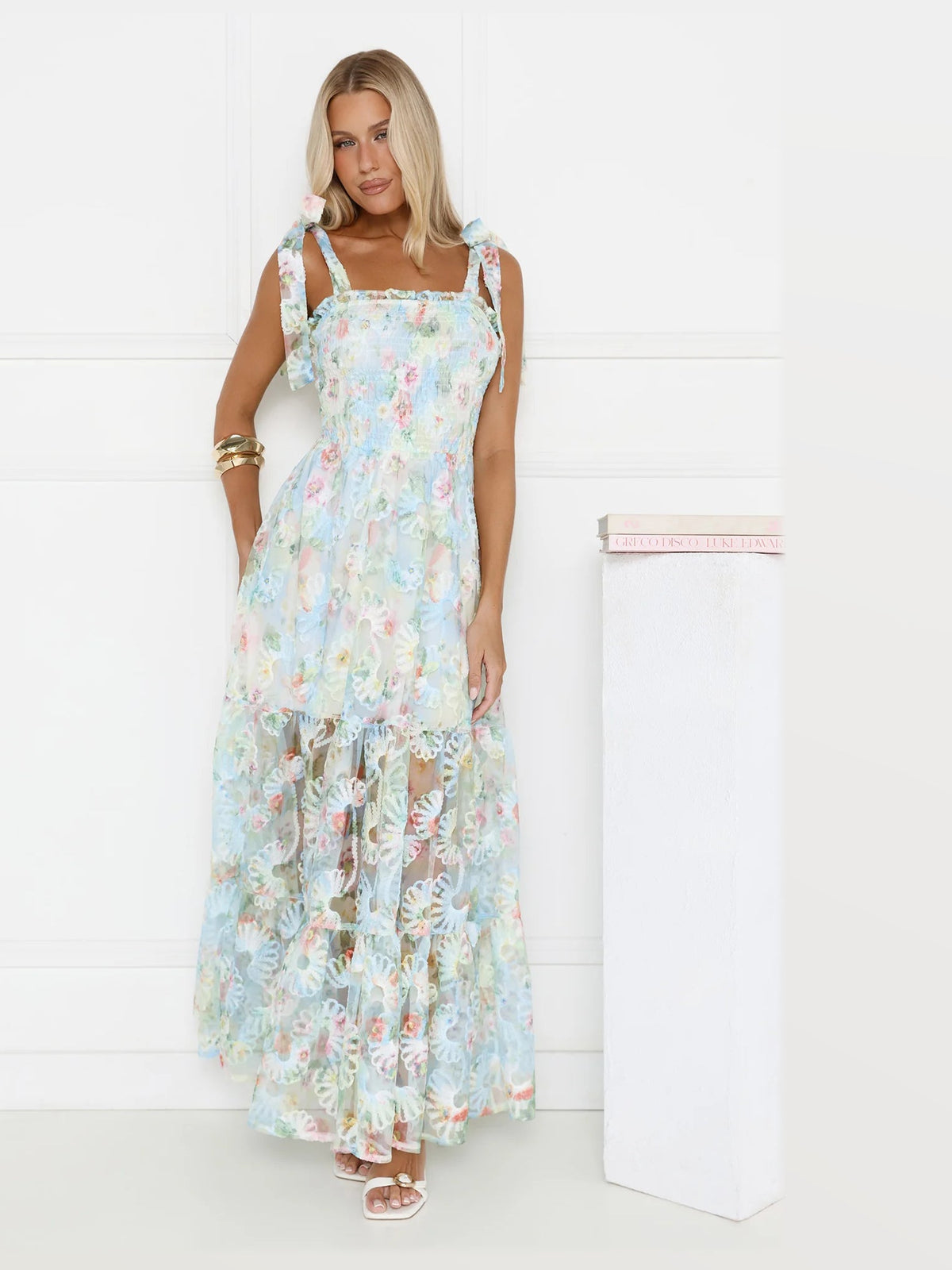 Silver formal dress with a-line silhouette