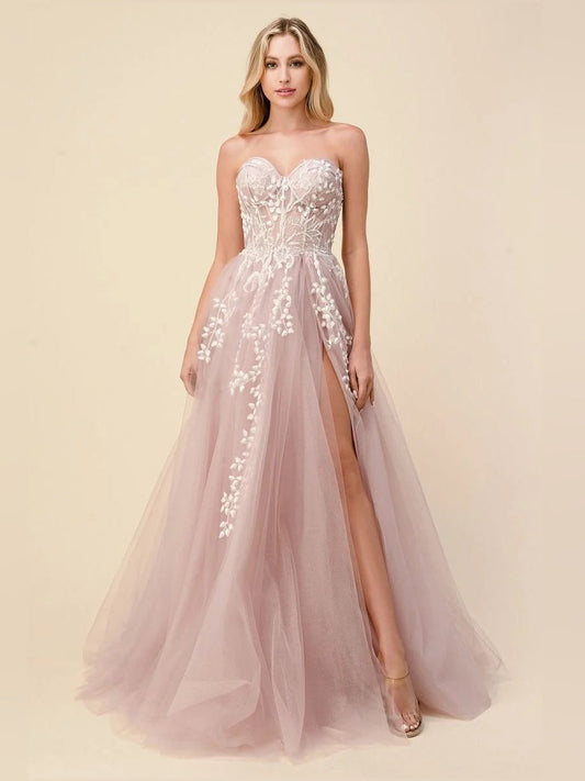 Mauve tulle corset prom dress with sweetheart neckline, floral embroidery, and draped A-line skirt