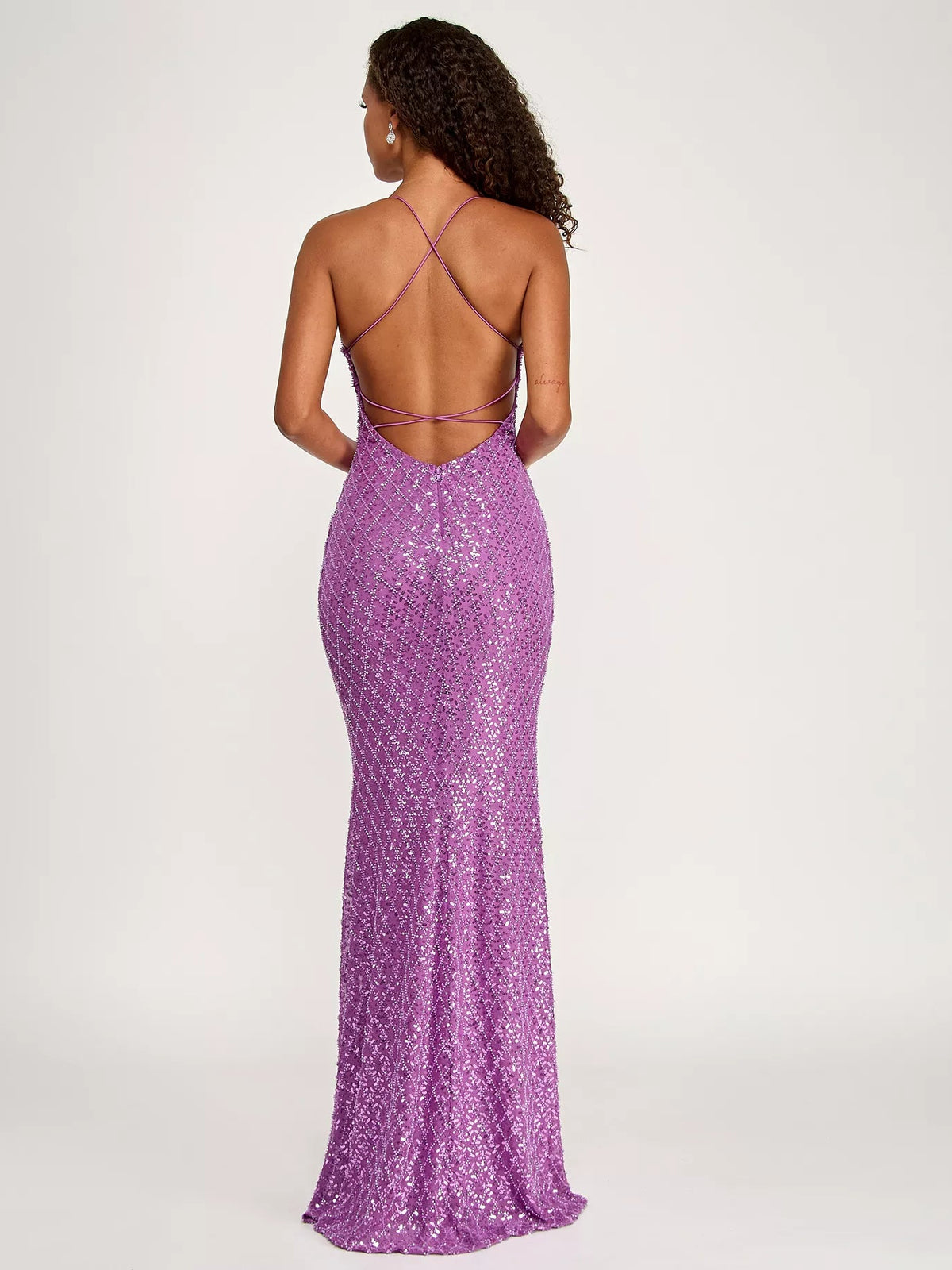 Orchid sequin mermaid formal dress, open back with crisscross straps, floor-length