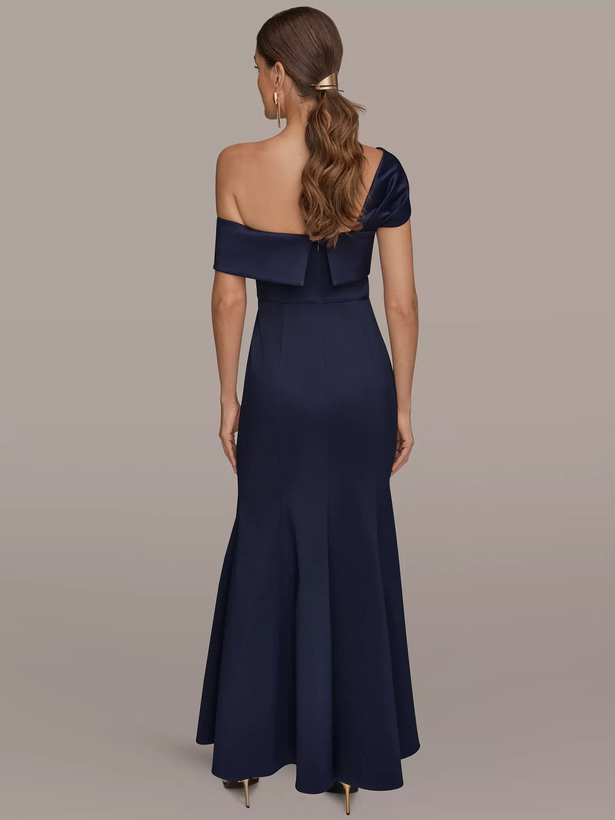 Navy one-shoulder satin mermaid formal dress, low back and wide off-shoulder drape