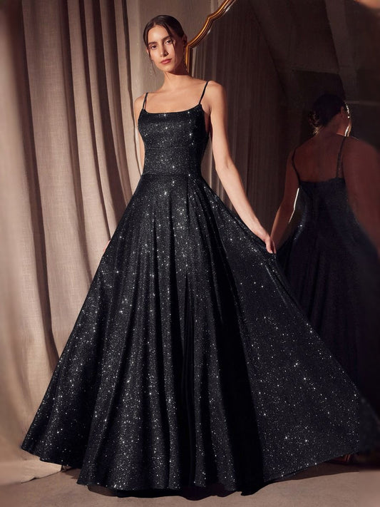 Black floor-length sequin prom dress with spaghetti straps and A-line skirt