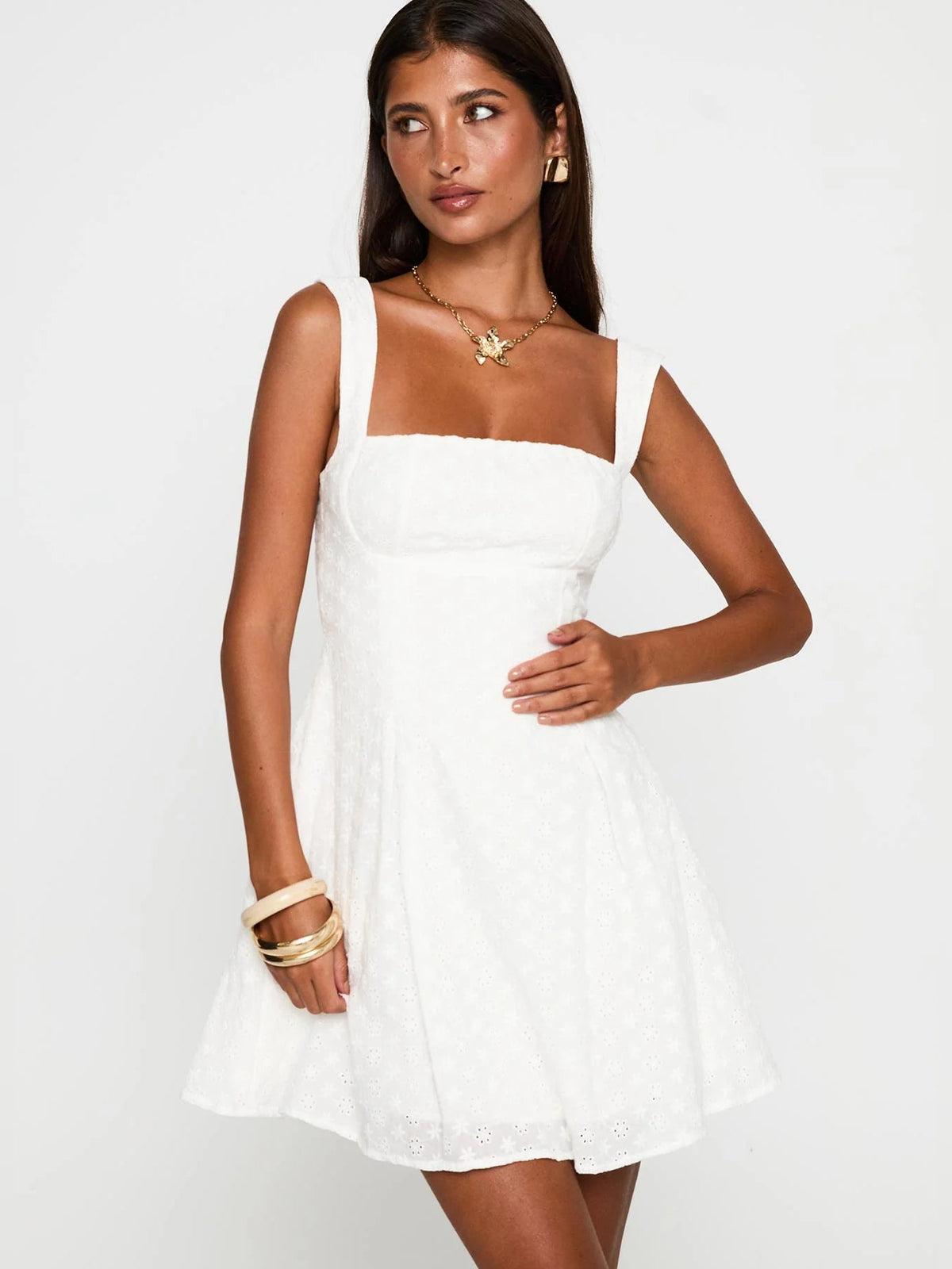 White embroidered mini homecoming dress, sleeveless square neckline, flared skirt