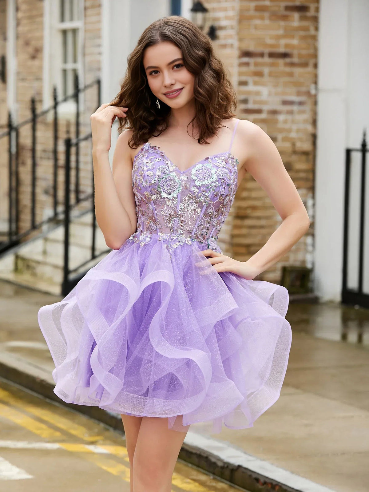 Lilac sweetheart corset mini tulle dress with embroidered floral bodice and ruffle skirt