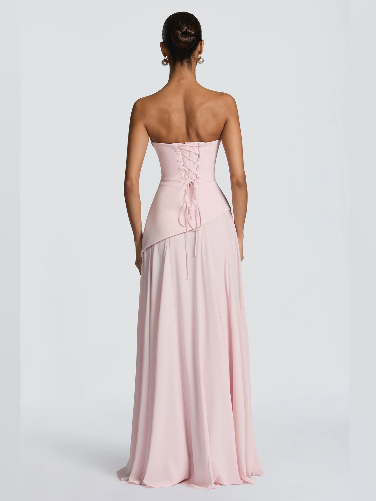 Blush maxi formal dress, back full-length view showing the bodice