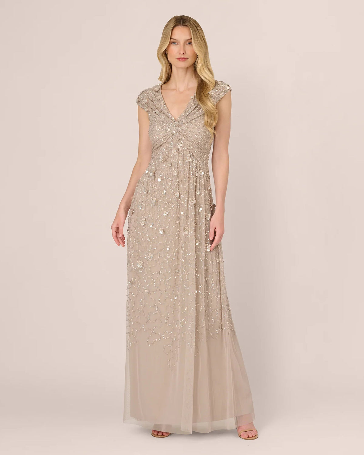 Silver cap-sleeve A-line maxi dress with V-neck, beadwork, and sheer tulle skirt