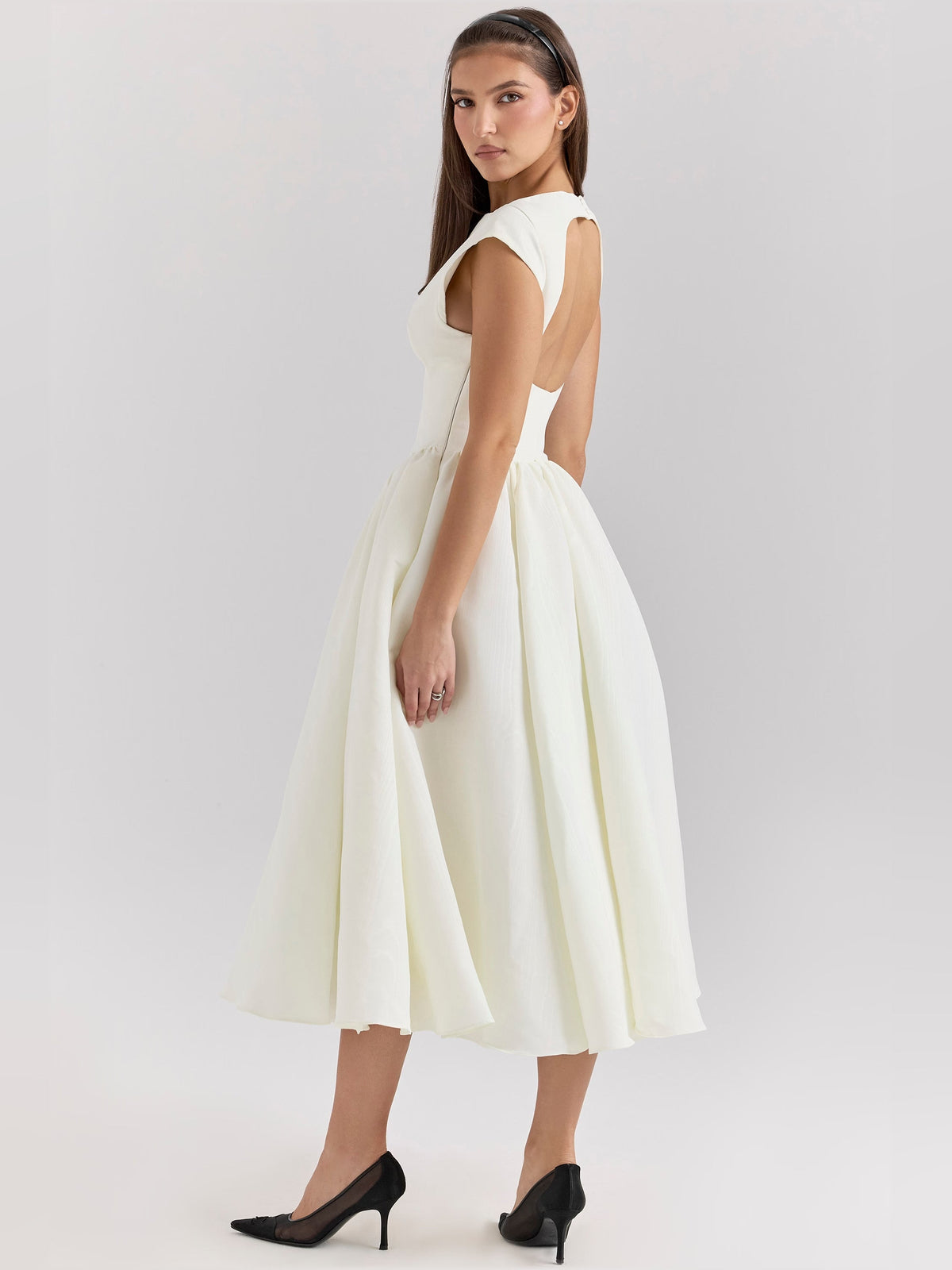 Ivory midi dress with cap sleeves and scoop neckline, flared gathered skirt