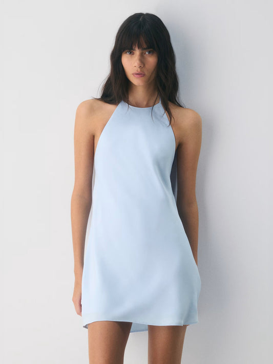 Halter neck mini satin dress, light blue, halter neckline and slightly flared skirt
