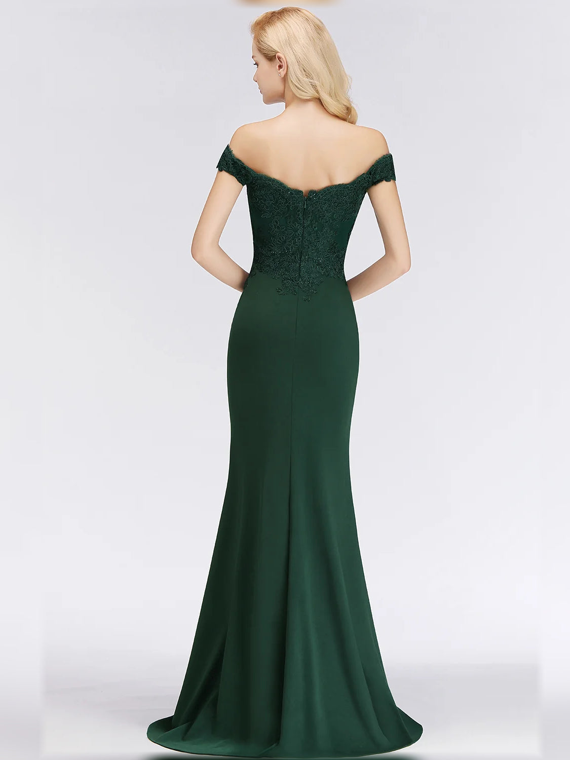 Back view dark green off-shoulder mermaid satin dress with lace bodice, floor-length