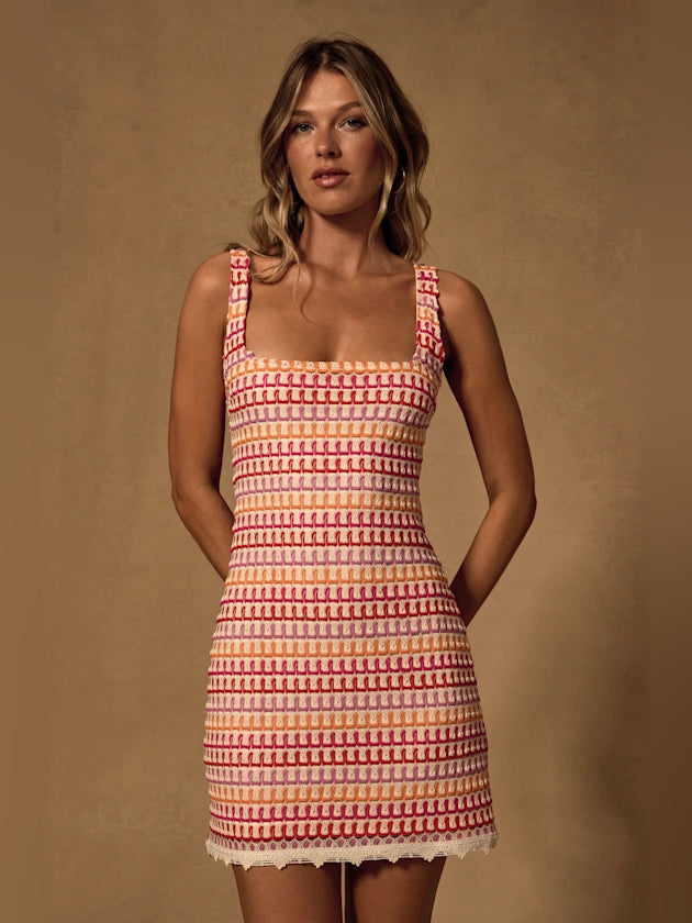 Geometric print square-neck bodycon mini dress, cream and red, sleeveless front view