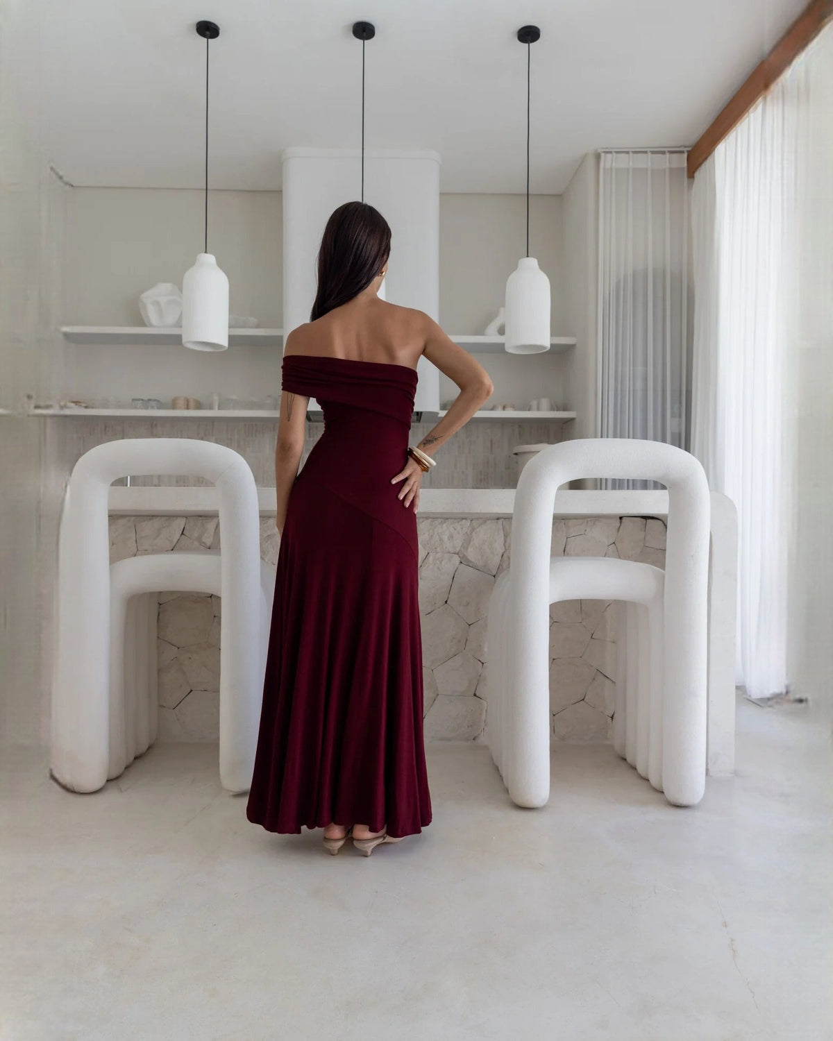 Wine red off-shoulder A-line maxi dress, strapless neckline with back view and ring detail