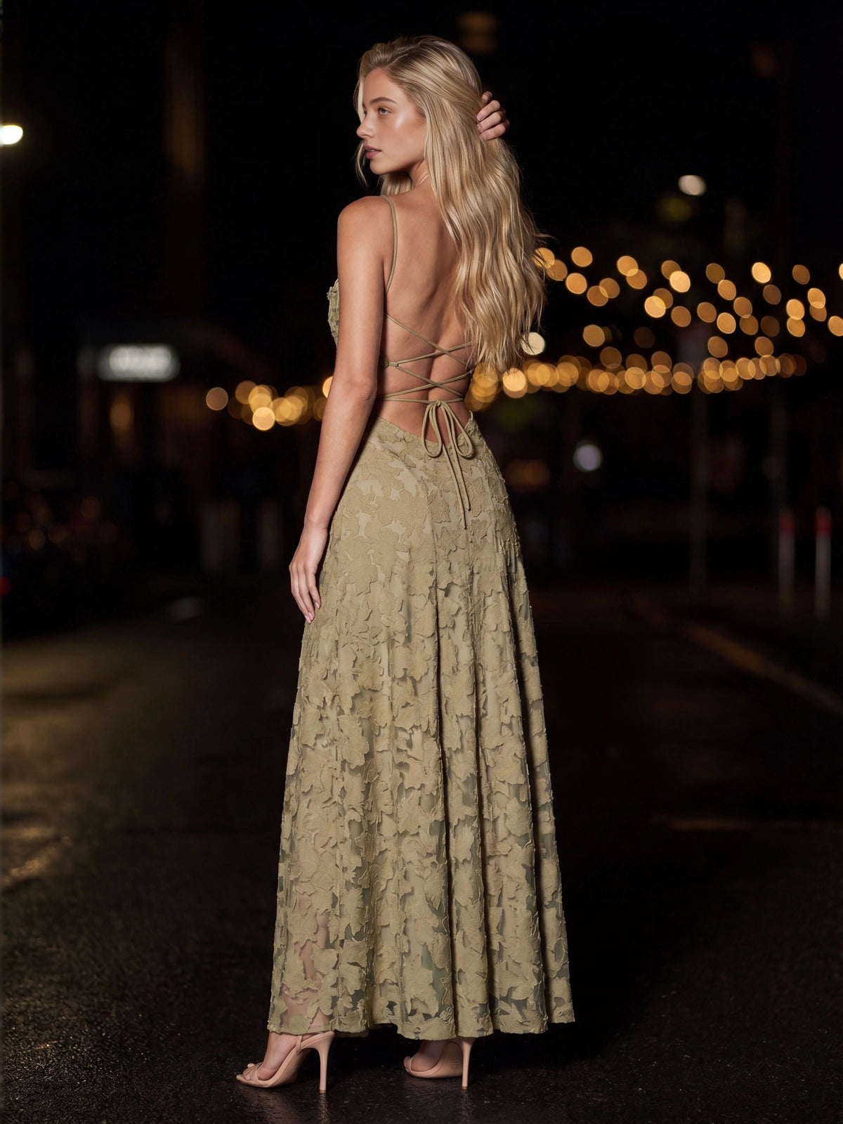 Floral straight-neck A-line maxi dress, dusty sage green, strappy back view
