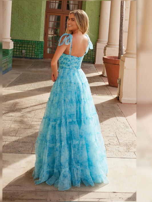 Blue sweetheart corset tiered floor-length formal dress, bow tie shoulder straps