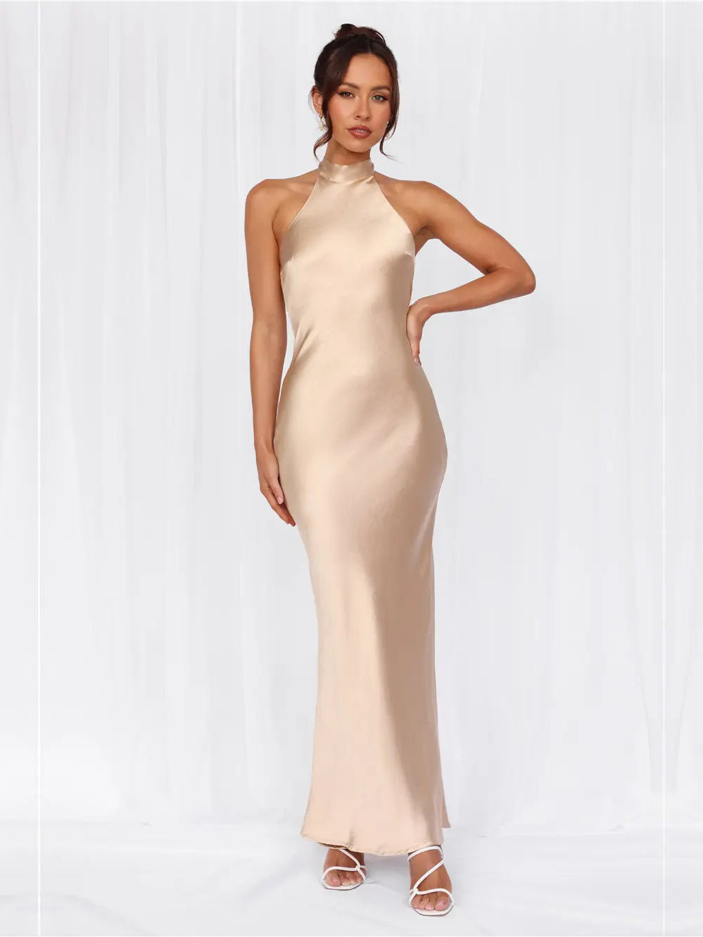 Champagne sheath maxi formal dress with halter neckline, alternate view