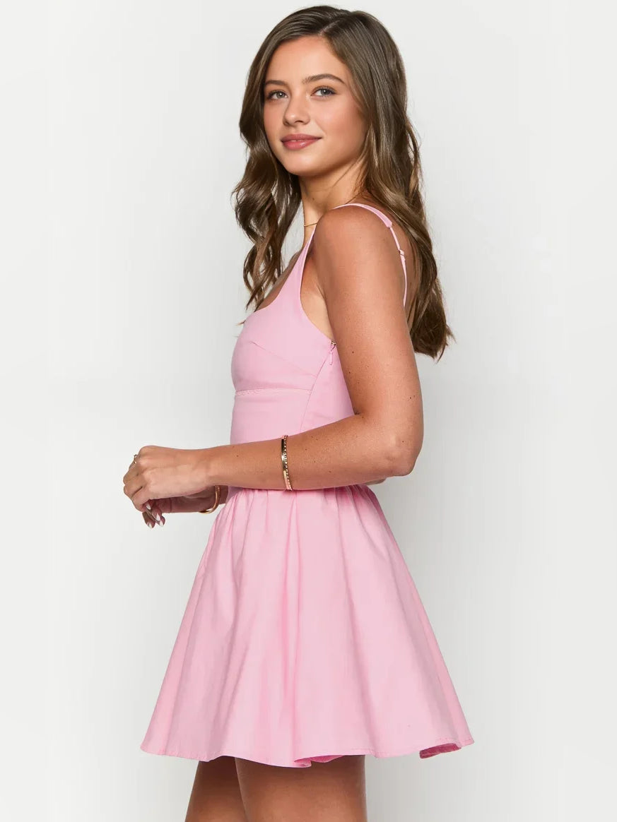 Light pink sleeveless square-neck A-line mini dress with tiered gathered skirt