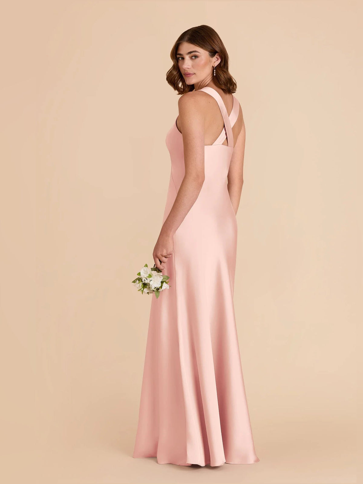 Blush pink satin ruched V-neck A-line maxi bridesmaid dress, sleeveless, back-tilted view