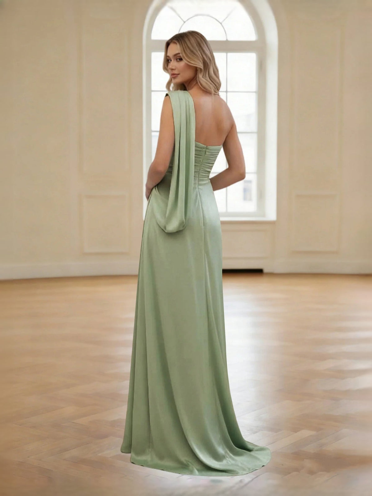 Sage green one-shoulder satin sheath gown with gathered back, floor-length, draped