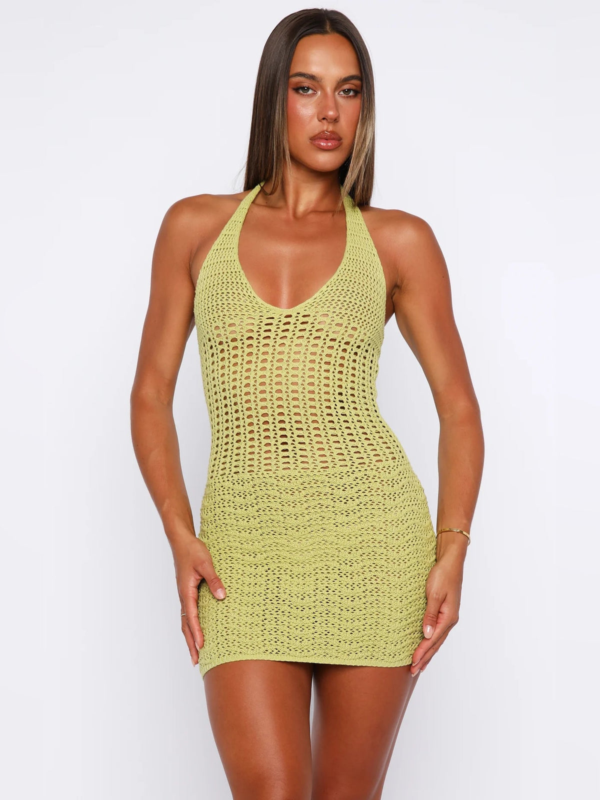 Lime crochet spaghetti-strap mini dress with V-neckline