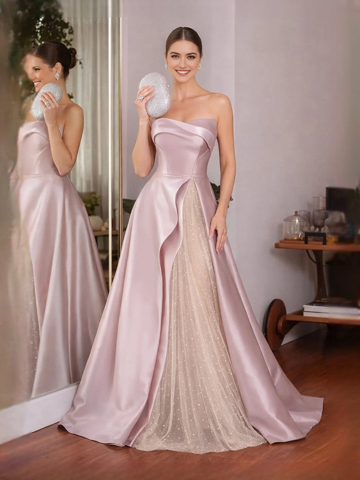 Blush pink strapless sweetheart satin A-line maxi dress with draped waist and glitter skirt