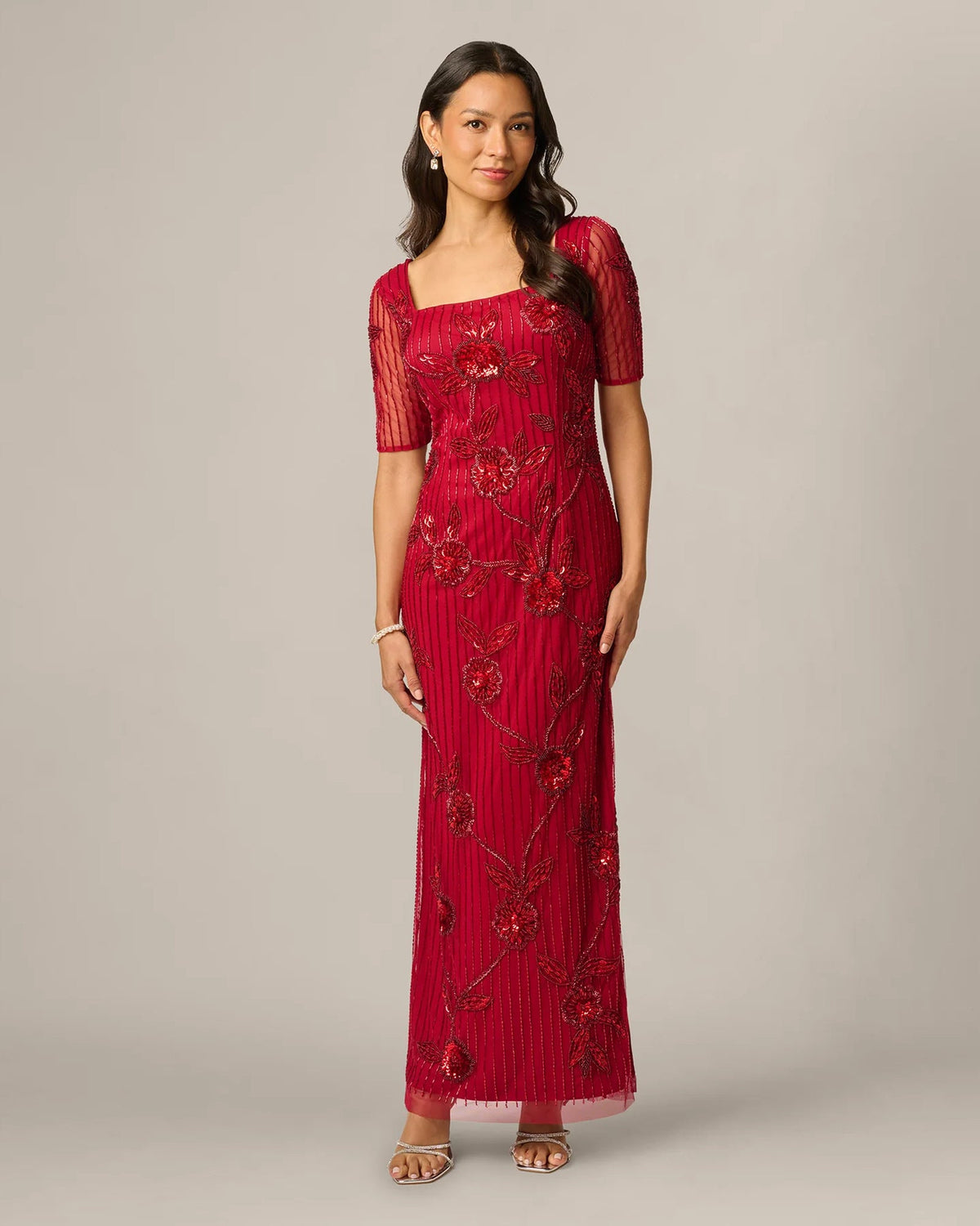 Cranberry red maxi sheath dress with floral sequin beadwork and short illusion sleeves