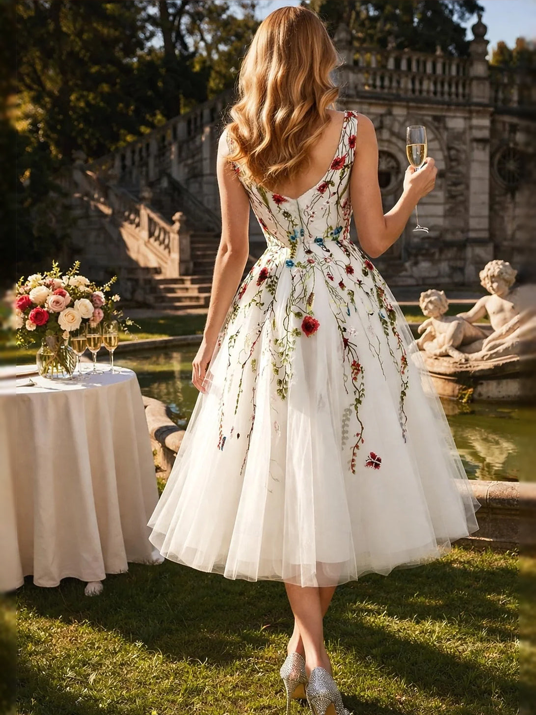 Back of ivory tulle midi prom dress, sleeveless embroidered floral A-line skirt
