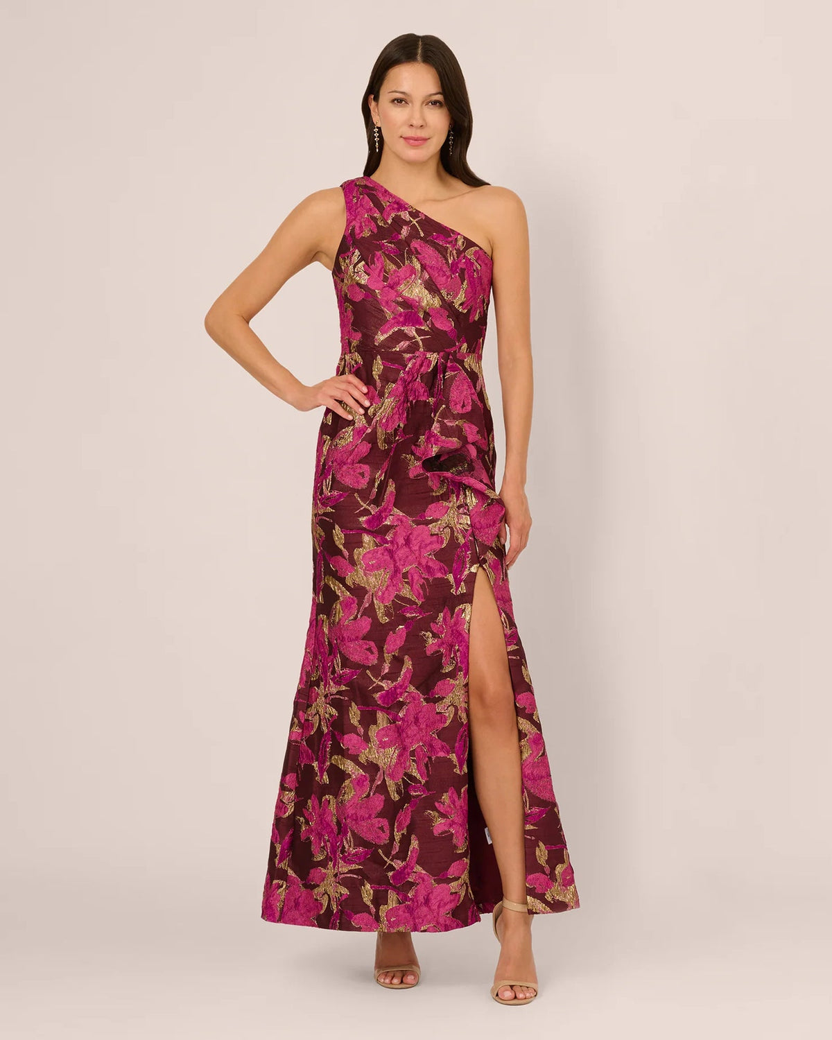 One-shoulder A-line maxi dress in burgundy with gold botanical print, front slit