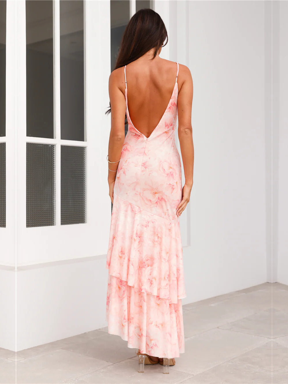 Pink sheath maxi formal dress with floral print, full-length back view